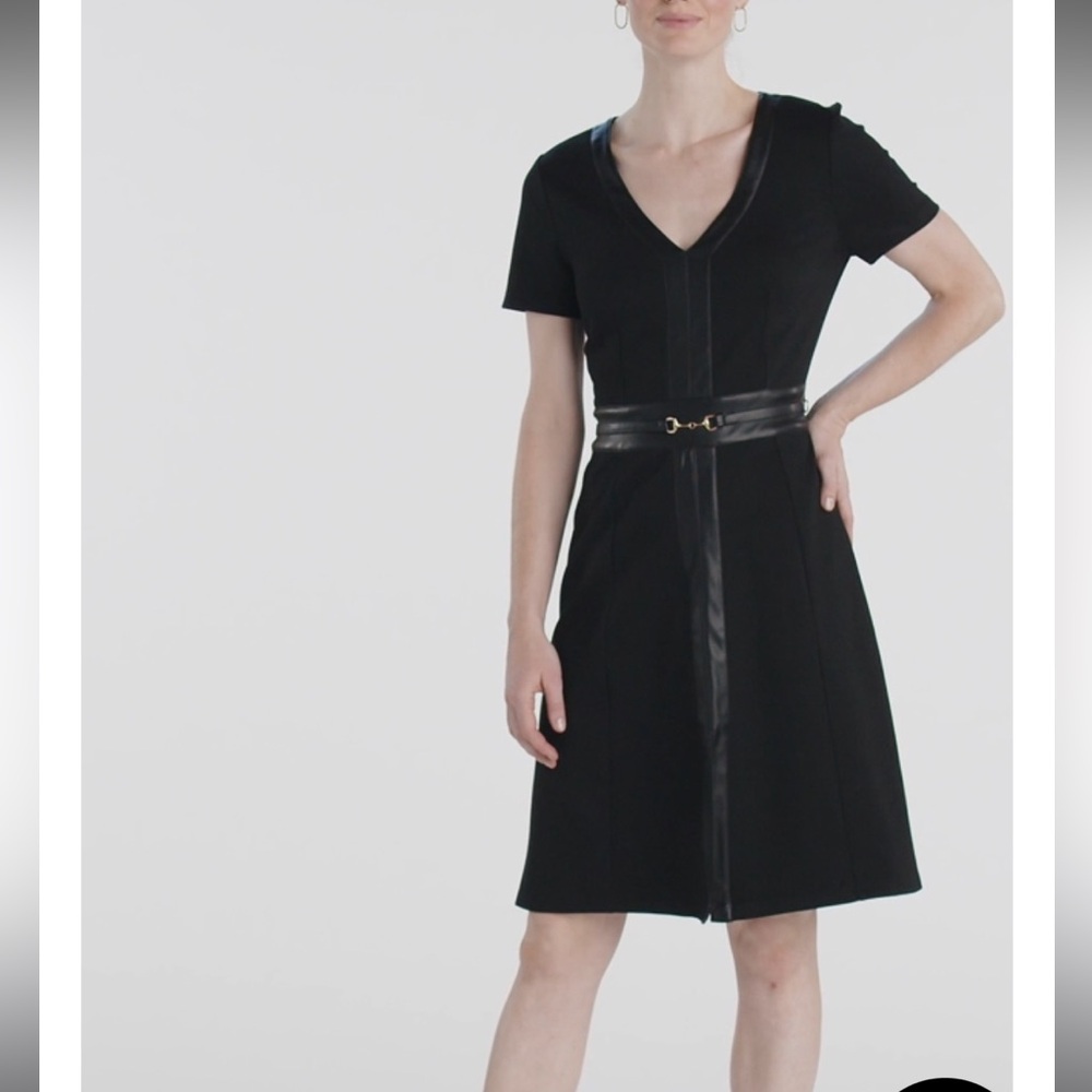 NW/oT Ellen Tracy Elegant Black Dress with Vegan Black Leather trim